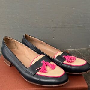 J. Crew Navy Loafers with Neon Pink Tassels Size 9